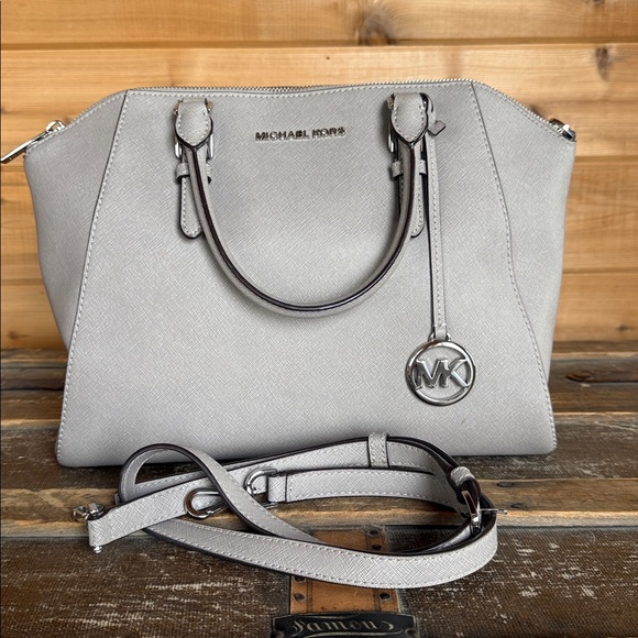 Michael Kors Handbags - Michael Kors Light Gray Ciara Large Saffiano Leather Satchel